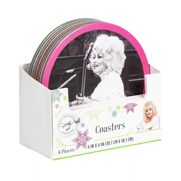 Dolly Parton Coaster Set 8 Unique Designs Double Sided 4" Round Red Pink Green - Picture 1 of 12